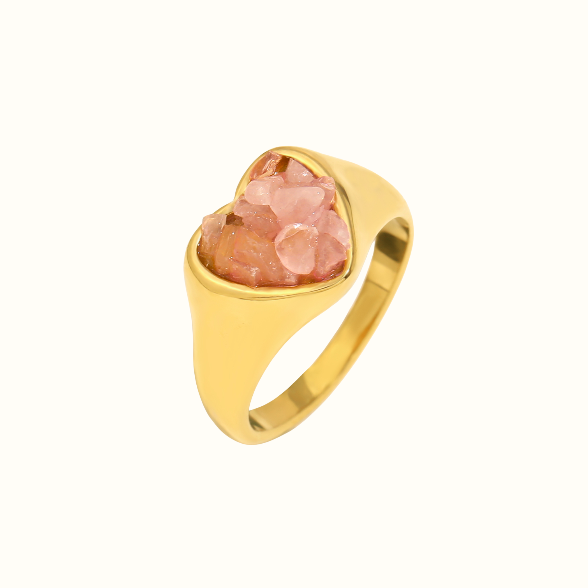 Gemstone Heart Ring – 18k Gold PVD Plated Stainless Steel – Close-Up of Blush Pink Heart Cut Gemstone Ring – Modern Romantic Sculptural Design – Mila Giraldo Jewellery Australia