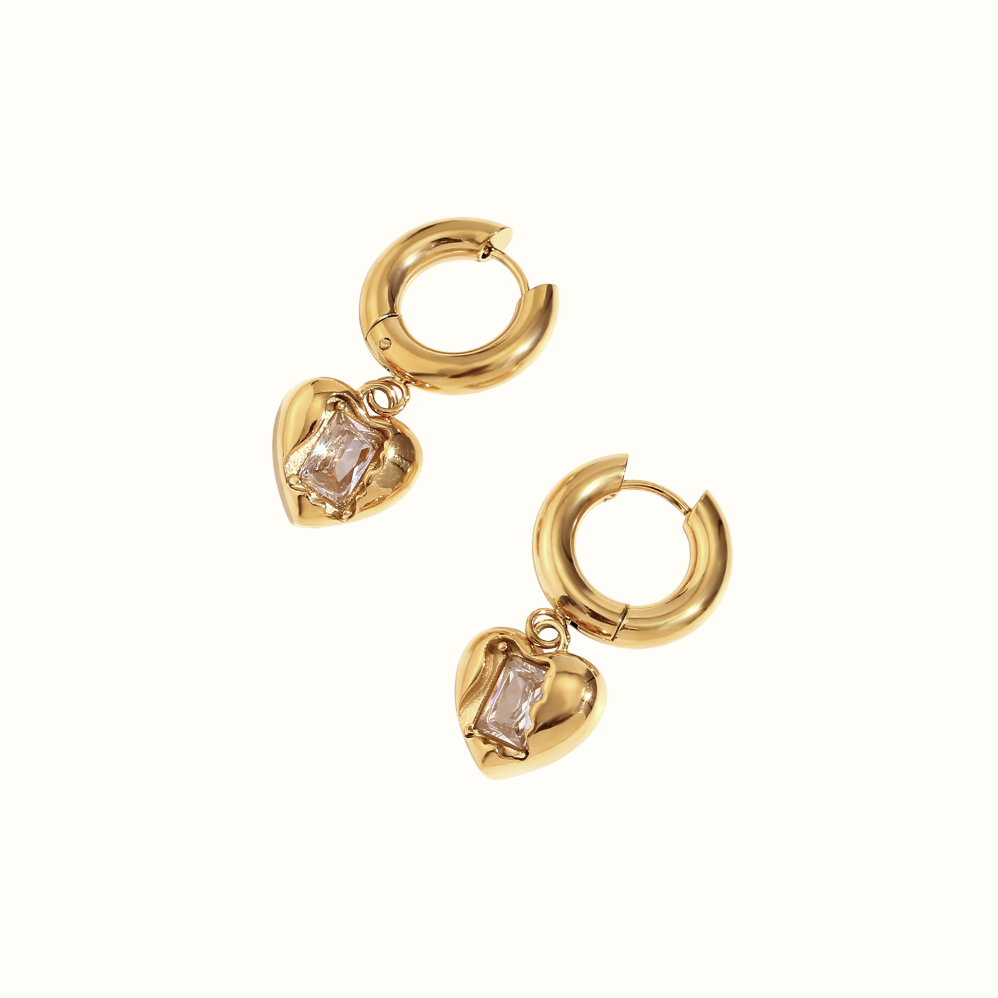 Love Heart Hoops – 18k Gold PVD Plated Stainless Steel – Close-Up of Heart-Shaped Charm Hoop Earrings – Romantic Minimalist Design – Mila Giraldo Jewellery Australia