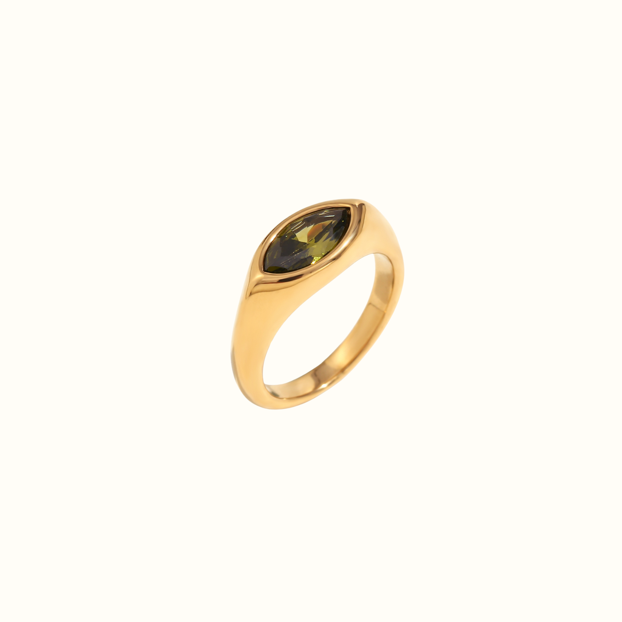 Millie Zirconia Cubic Ring – 18k Gold PVD Plated Stainless Steel – Close-Up of Green Zirconia Stone Ring With Bold Modern Sparkle – Minimalist Sculptural Design – Mila Giraldo Jewellery Australia