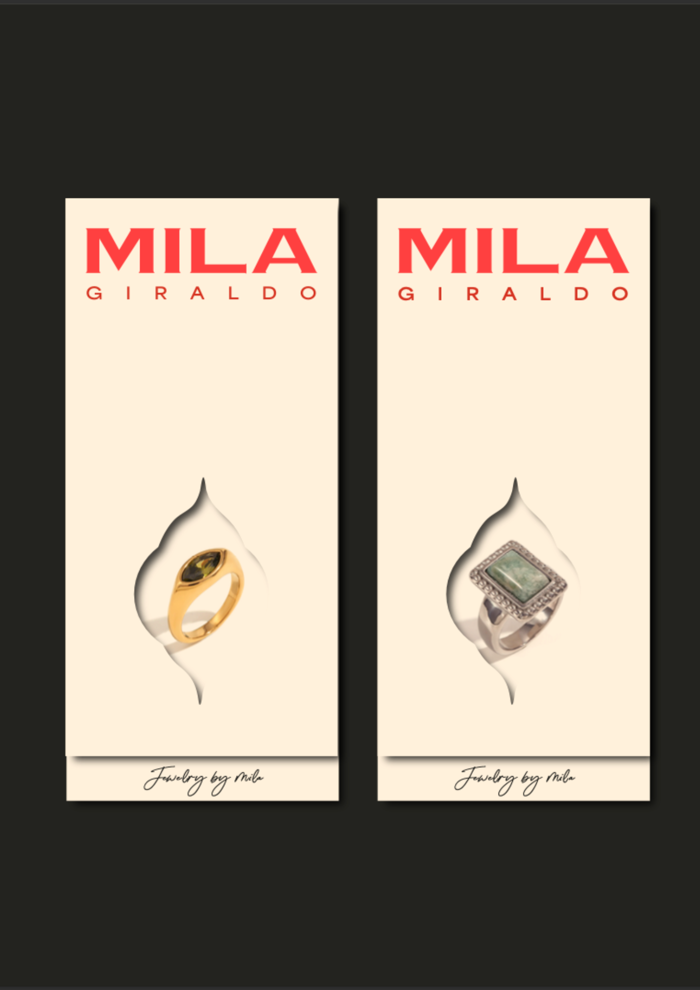 Signature MILA GIRALDO jewellery designs on branded cards