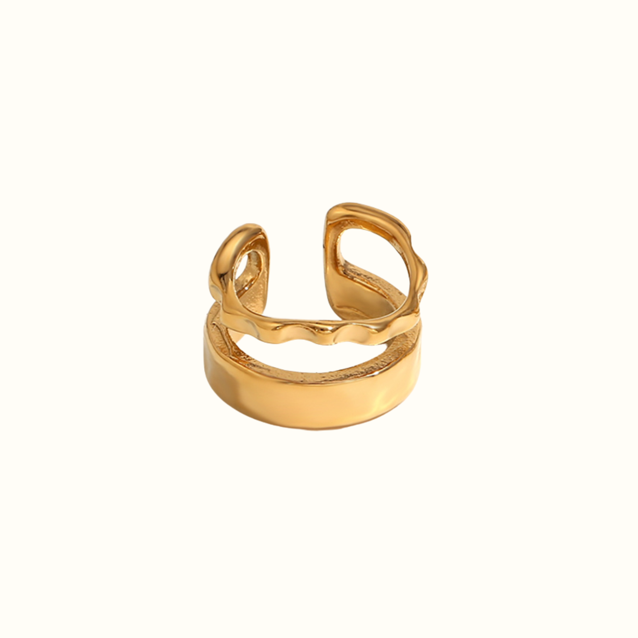 Close-up of gold ear cuff by MILA GIRALDO — hammered design, statement jewellery from Australia.