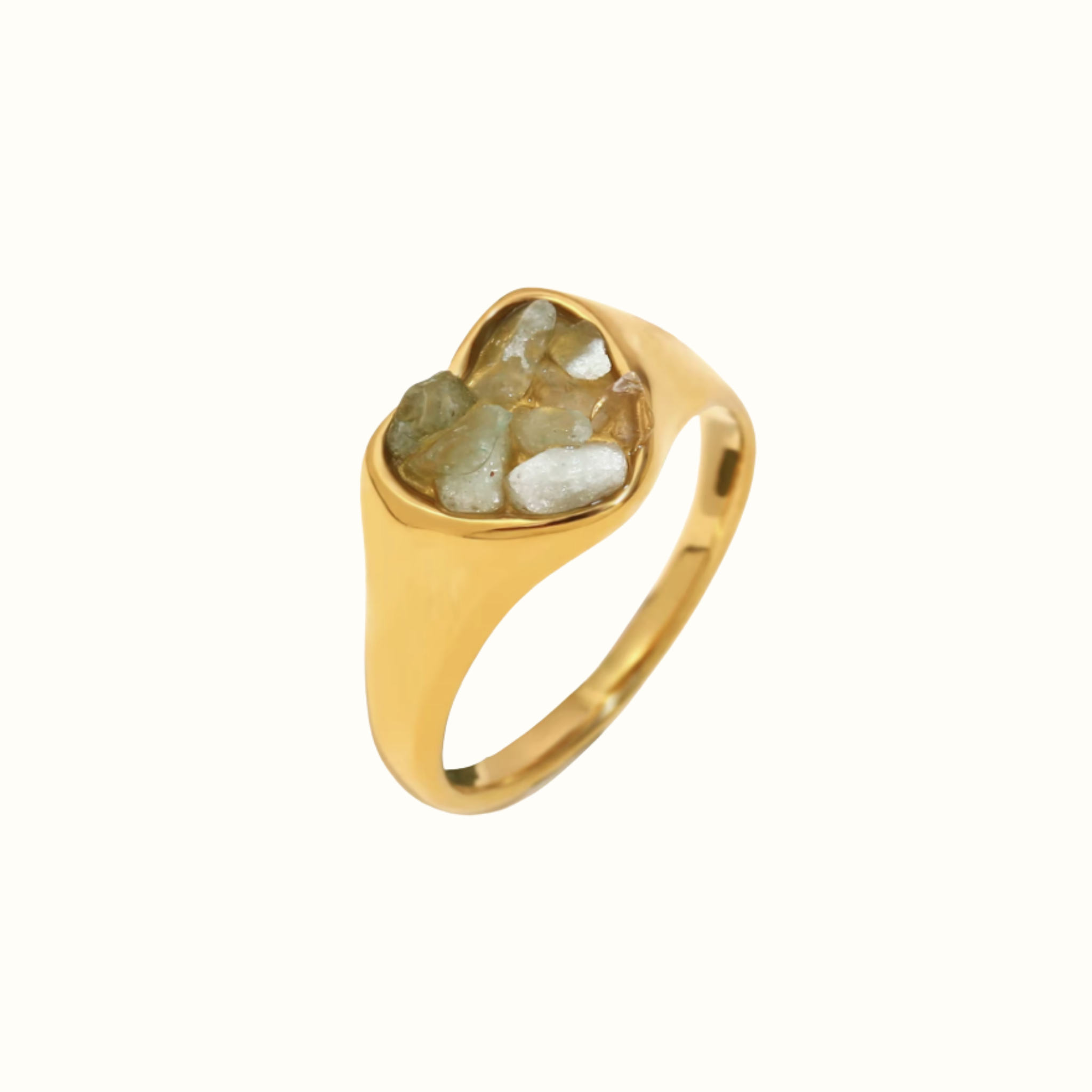 Gemstone Heart Ring – 18k Gold PVD Plated Stainless Steel – Close-Up of Emerald Green Heart Cut Gemstone Ring – Modern Romantic Sculptural Design – Mila Giraldo Jewellery Australia