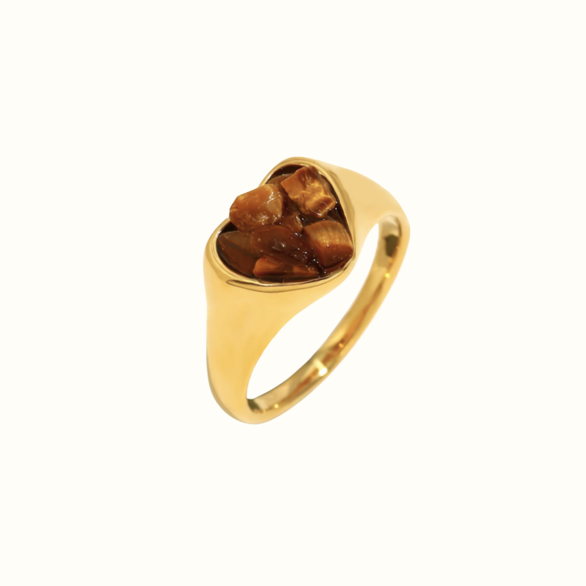 Gemstone Heart Ring – 18k Gold PVD Plated Stainless Steel – Close-Up of Mocha Brown Heart Cut Gemstone Ring – Modern Romantic Sculptural Design – Mila Giraldo Jewellery Australia
