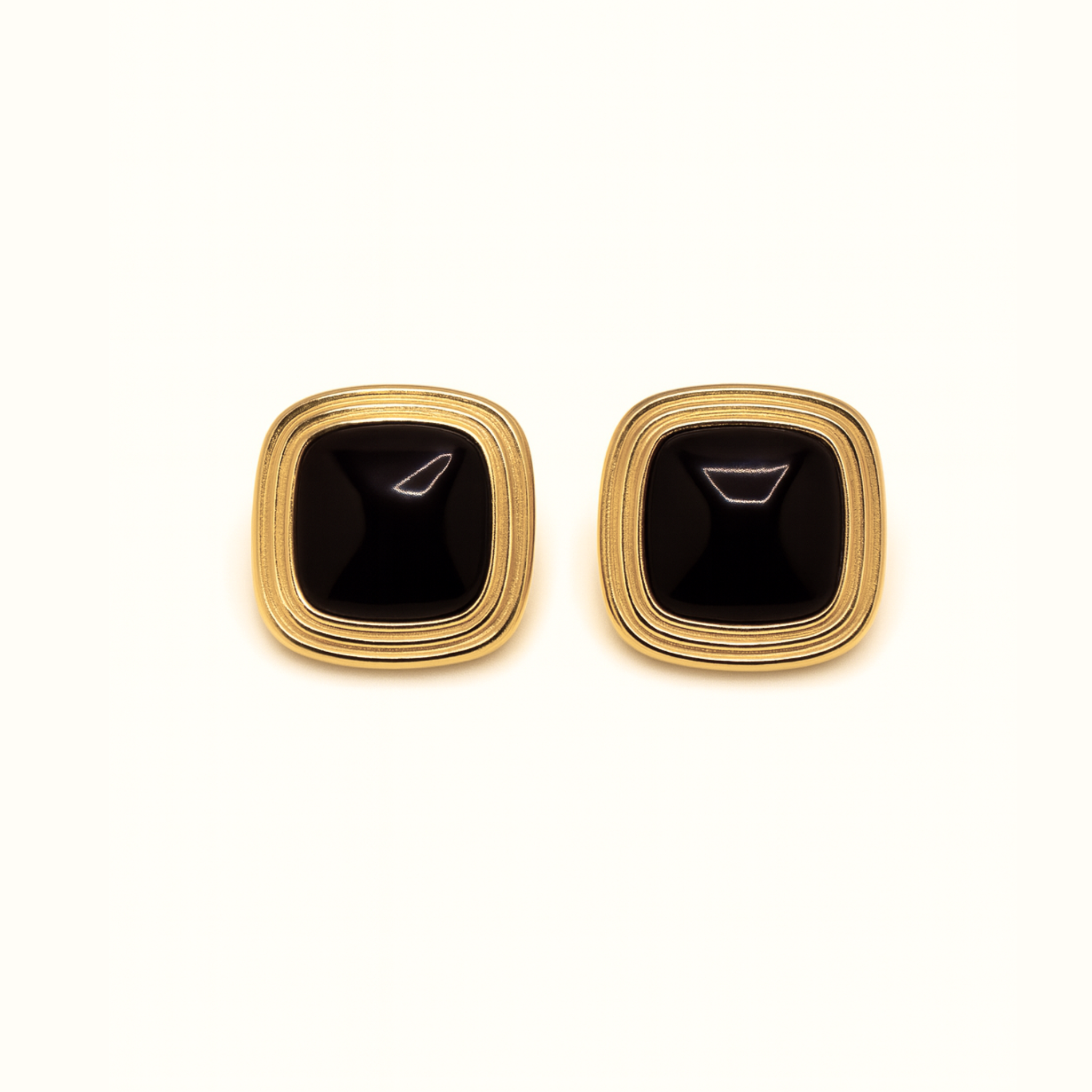 Gemstone Statement Studs – 18k Gold PVD Plated Stainless Steel – Close-Up of Sculptural Square Stud Earrings With Deep Black Gemstone Centre – Bold Modern Minimalist Design – Mila Giraldo Jewellery Australia
