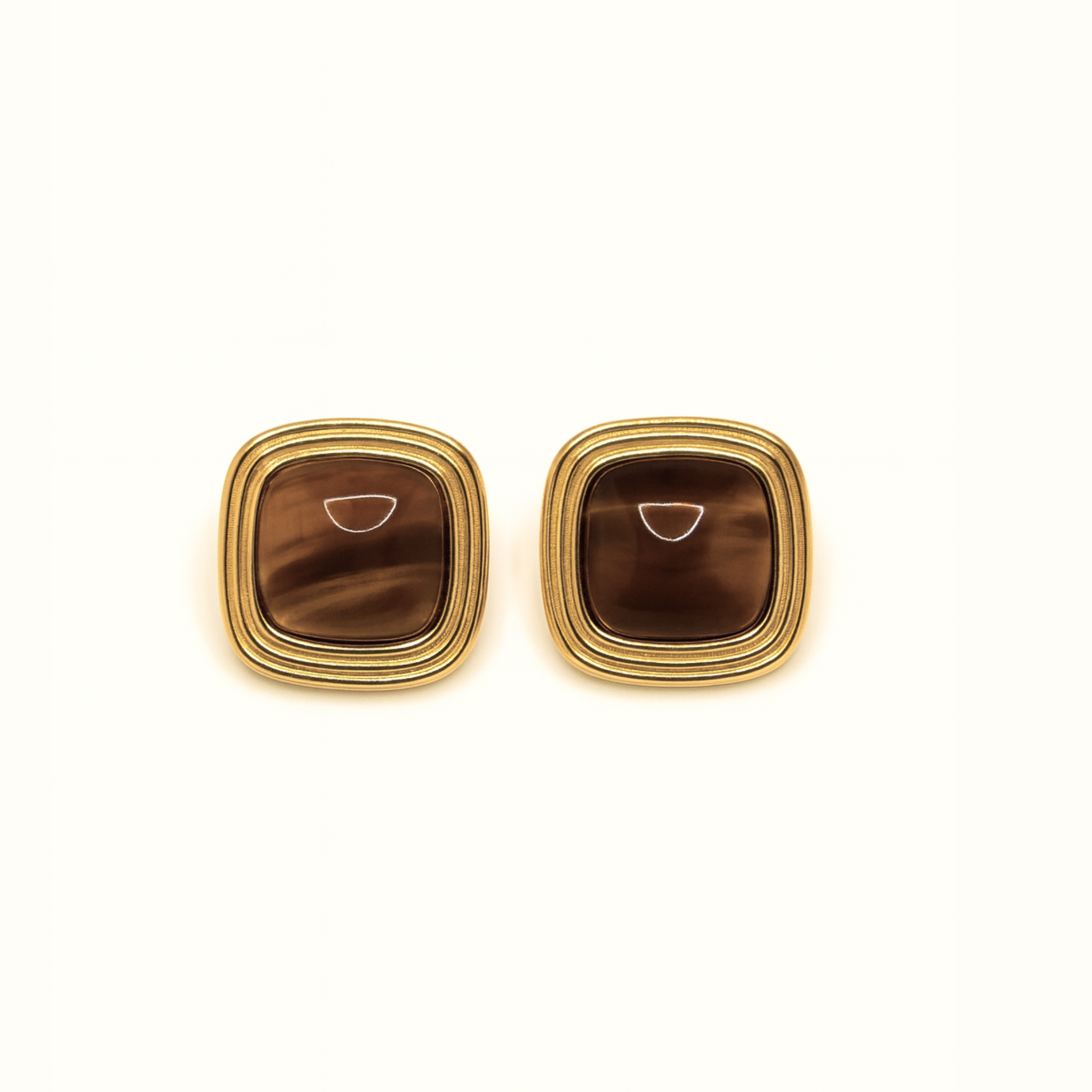 Gemstone Statement Studs – 18k Gold PVD Plated Stainless Steel – Close-Up of Sculptural Square Stud Earrings With Warm Brown Gemstone Centre – Bold Modern Minimalist Design – Mila Giraldo Jewellery Australia