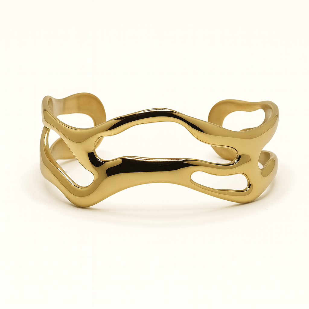 Meg Cuff Bangle – 18k Gold PVD Plated Stainless Steel – Bold Sculptural Cuff Close-Up – Minimalist Statement Bracelet – Mila Giraldo Jewellery Australia