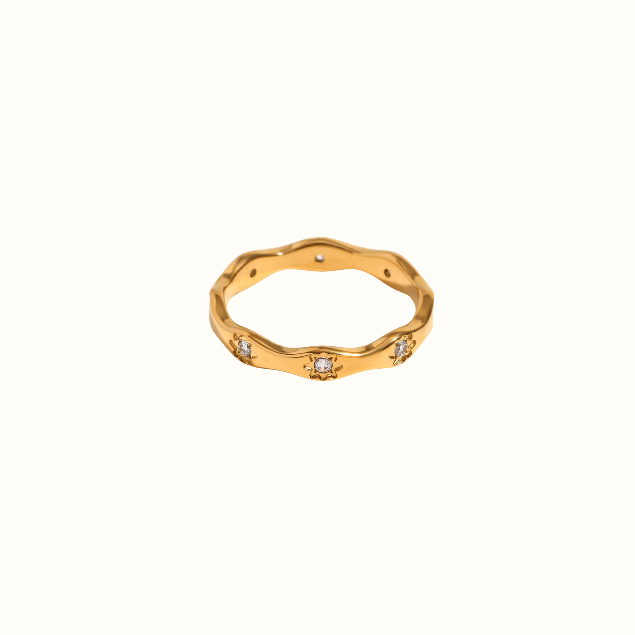 Mila Classic Ring – 18k Gold PVD Plated Stainless Steel – Close-Up of Smooth Classic Band With Sparkling Zircon Gemstones – Timeless Minimalist Ring Design – Mila Giraldo Jewellery Australia