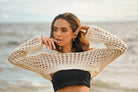 Wavy Square Hoop Earrings – 18k Gold PVD Plated Stainless Steel – Styled on Model With Stacked Rings – Sculptural Wavy Square Hoops in Lifestyle Shot – Mila Giraldo Jewellery Australia
